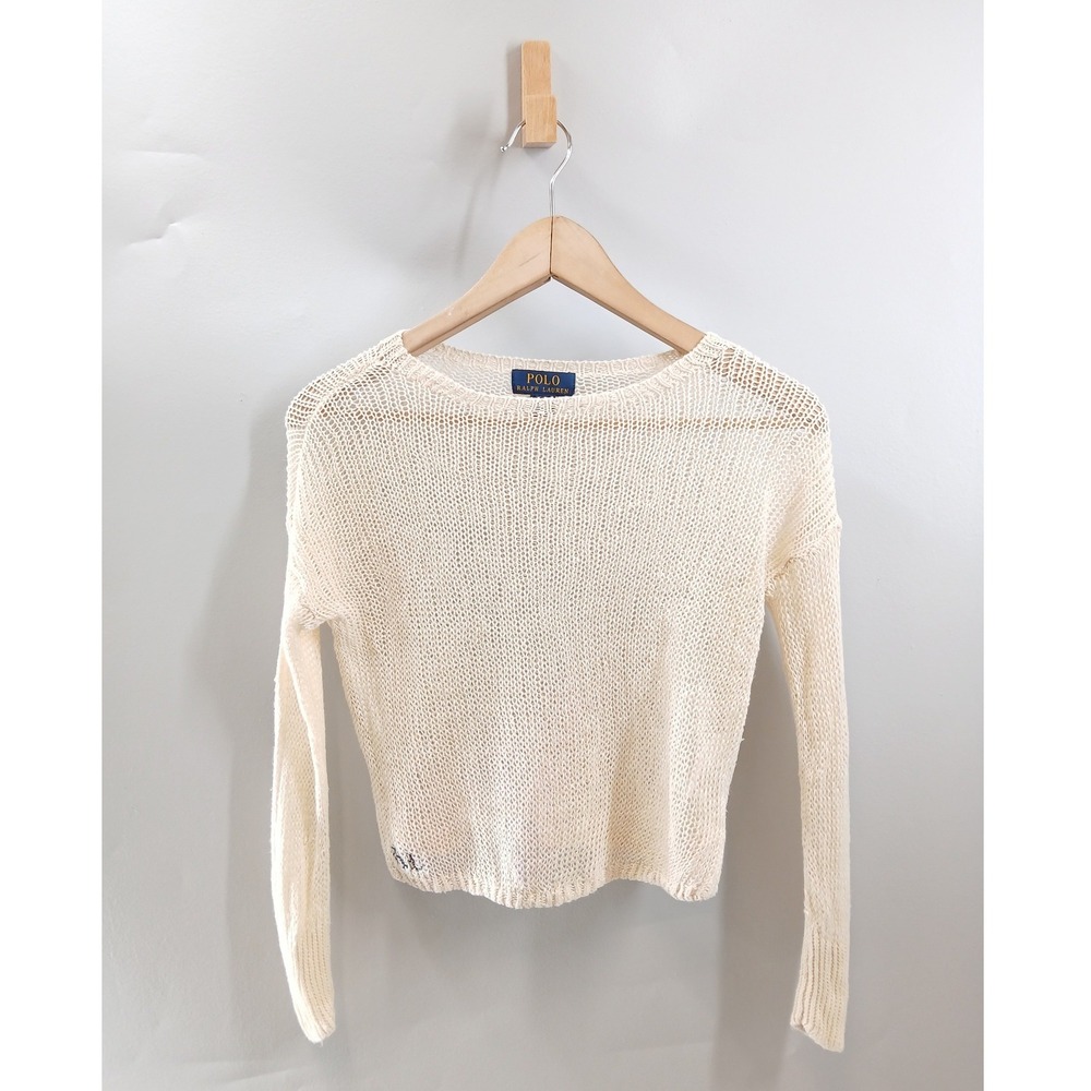 Polo Ralph Lauren Linen Sweater Girls 7 Cream Open Knit Mesh Long Sleeve RL Logo